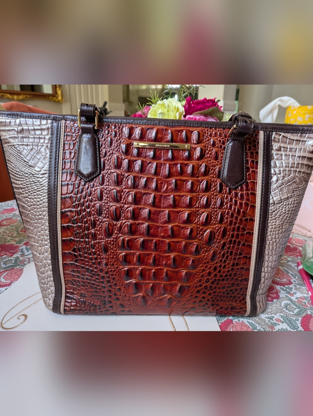 Brahmin Women's Croc-Embossed Leather Tote - Chestnut